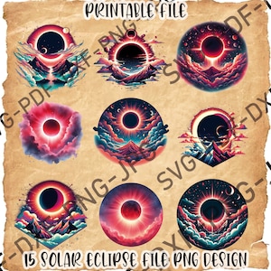Total Solar Eclipse Customizable PNG 2024 PNG Bundle, Printable Digital Download, Mystic Atmosphere, Stars and Moon, Clouds Mountains