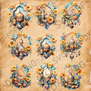 May include: Nine digital illustrations of ornate lanterns, crescent moons, and minarets surrounded by yellow and blue flowers. The illustrations are set against a beige background.