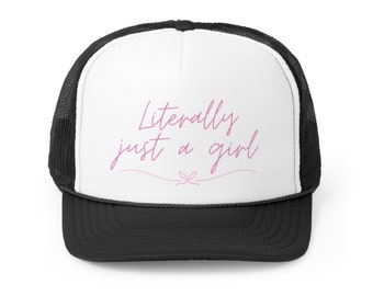 Pink Just a Girl Trucker Hat | Coquette Bow Trucker Hat | Trendy Trucker Hats | College Party Hats | Bachelorette Party Trucker Hats | Lake