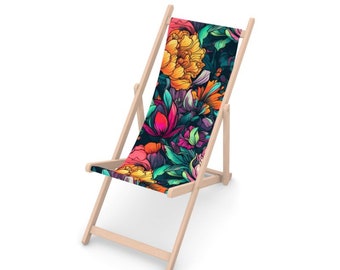 Puede incluir: Una silla plegable de madera con un estampado floral colorido en el asiento de tela. La silla está hecha de madera natural y tiene un acabado marrón oscuro. El estampado floral presenta flores de color rosa, amarillo, naranja y verde brillantes.