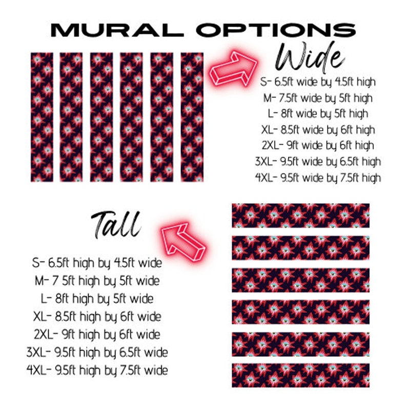 Puede incluir: Tabla de opciones de mural con un patr&oacute;n azul oscuro de formas estelares rojas y blancas. El texto enumera dimensiones Wide y Tall en pies, de S a 4XL, con flechas que se&ntilde;alan dise&ntilde;os de paneles verticales y horizontales para murales de pared.