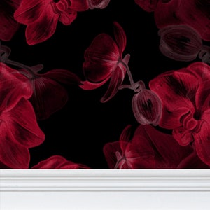 Blood Red Orchid floral Wallpaper Peel and Stick Traditional Moody Dark Maximalist Home Decor