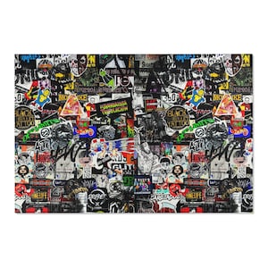 May include: A collage of stickers with various designs and text, including skulls, cartoon characters, and logos. The stickers are predominantly black, white, red, and yellow, creating a busy and textured surface. Some stickers feature the words "Black Bullet Tattoo" and "Moke".