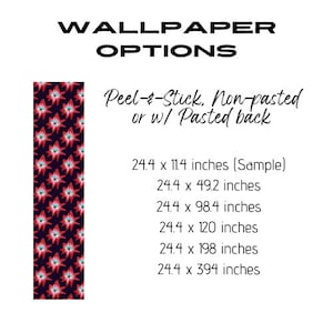 Puede incluir: Opciones de papel tapiz con un patr&oacute;n repetitivo de ojos en forma de estrella roja sobre fondo oscuro. El texto incluye: WALLPAPER OPTIONS, Peel-&-Stick, Non-pasted or w/ Pasted back, y dimensiones de 62 x 29 cm a 62 x 1000 cm.