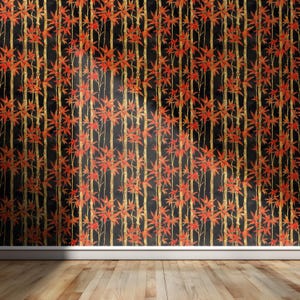 Papel pintado autoadhesivo de bambú / Papel pintado botánico negro y rojo / Papel pintado removible de estilo chinoiserie / Decoración de pared impactante imagen 6