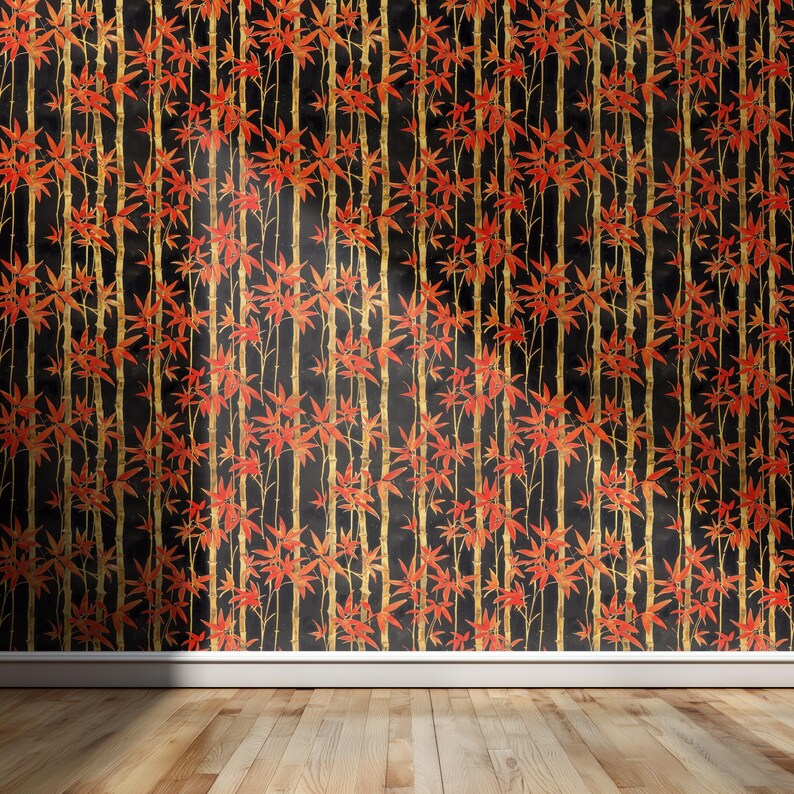 Papel pintado autoadhesivo de bambú / Papel pintado botánico negro y rojo / Papel pintado removible de estilo chinoiserie / Decoración de pared impactante imagen 6