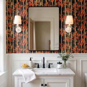 Papel pintado autoadhesivo de bambú / Papel pintado botánico negro y rojo / Papel pintado removible de estilo chinoiserie / Decoración de pared impactante imagen 3