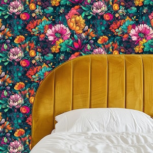 Neon Garden Floral Wallpaper, Moody Maximalist Decor, Peel and Stick