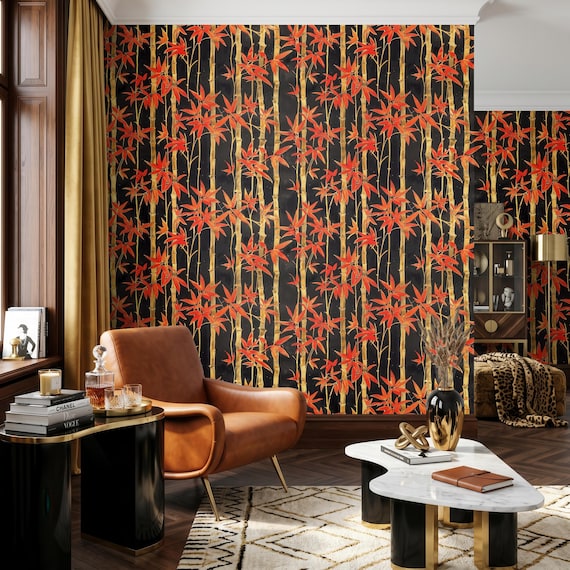 Bamboo Peel and Stick Wallpaper | Black Red Botanical Wallpaper | Chinoiserie Removable Wallpaper | Dramatic Wall Decor