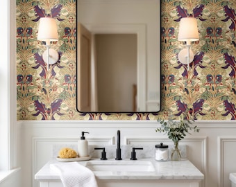 May include: A bathroom vanity with a white marble countertop, a rectangular sink, and a black faucet. A mirror hangs above the sink, flanked by two white wall sconces. The wall features a floral wallpaper pattern in red, blue, and gold tones.