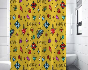 Rose Tattoo Print Shower Curtain | Vintage Traditional American