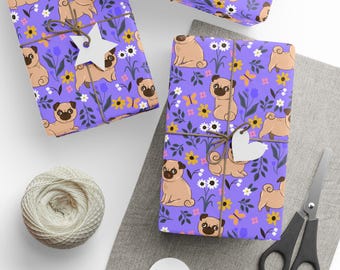 Pug Wrapping Paper, Pug Gift Wrap, Dog Lover Wrapping Paper, Floral Puppy Gift Wrap, Pet Birthday Paper, Pug Mom Gift, Cute Dog Gift