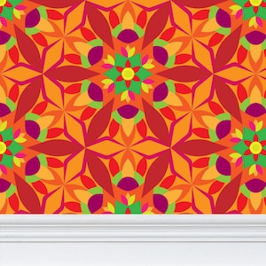 Colorful Bright Orange Kaleidoscope Geometric Mandala Wallpaper Peel and Stick Funky Maximalist Home Decor