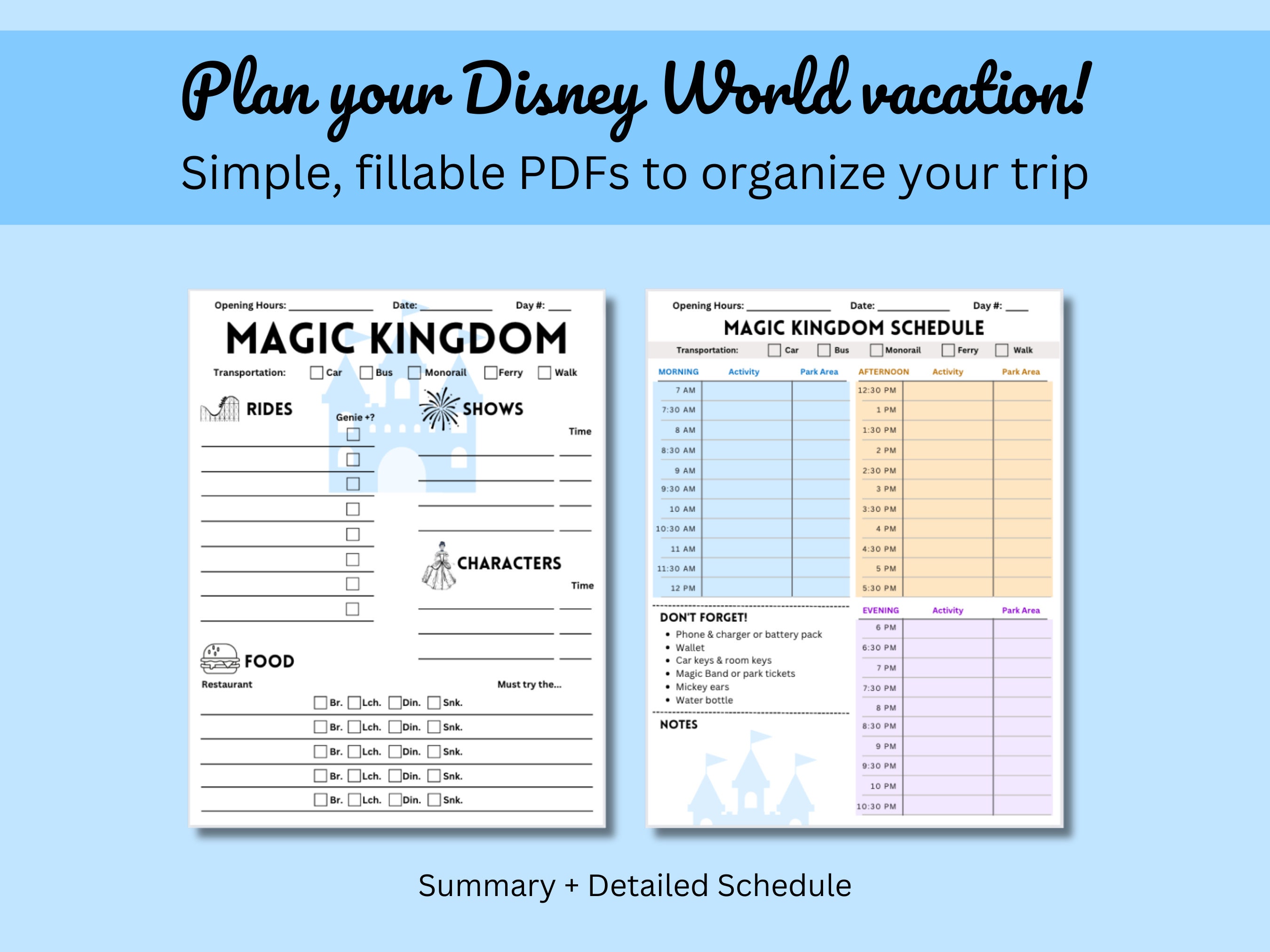 WDW Fillable / Printable Blank PDF Planner Itinerary - Etsy Ireland