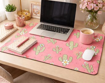Boho Cactus Desk Mat - Desert Floral XL Mousepad - Aesthetic Plant Lover Desk Setup - Cute Kawaii Gaming Mouse Pad - Botanical Pink