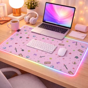 Pastel Gaming Icons LED Mouse Pad | RGB Desk Mat, Controllers & Swords Pattern