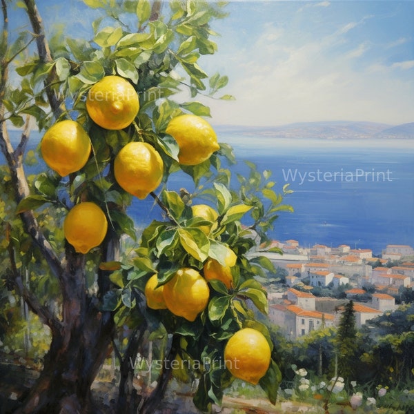 Oil Painting Lemon Tree Seascape Mediterranean city Digital Print