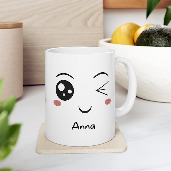 Mug with Cute Wink - a cute unique gift for her / him, gift for mom, Custom Name Mug, Personalized gift for kids