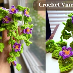 May include: Crocheted hanging plant with green leaves and purple flowers in a white pot. The text "Crochet Vines with Flowers" is at the top of the image.