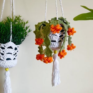 May include: Three white crocheted hanging plant pots with white tassels. The pots are filled with green plants and one has orange flowers.