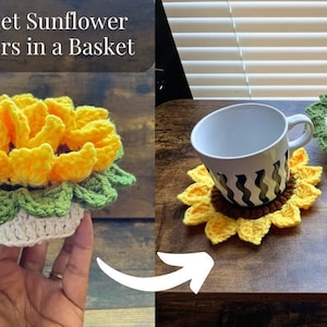 May include: Crochet sunflower coasters in a basket. The coasters are yellow and brown with green leaves. The basket is white with green leaves. The coasters are on a wooden table.