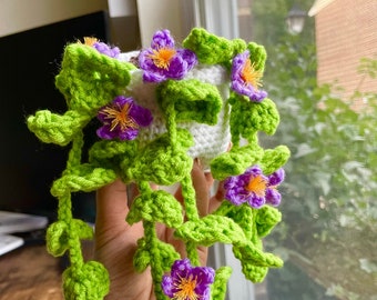 Puede incluir: Una planta colgante de crochet con hojas verdes y flores moradas. La planta está colgando de una mano.