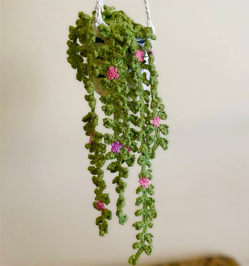 May include: A crocheted hanging plant with green leaves and pink flowers. The plant is hanging from a white string.