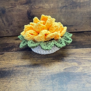 May include: A crocheted flower in a yellow and green pot. The flower is made of yellow yarn and the pot is made of green and white yarn.