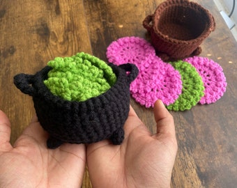 Crochet Potion Coasters in a Cauldron
