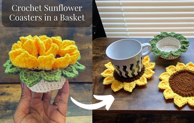 May include: Crochet sunflower coasters in a basket. The coasters are yellow and brown with green leaves. The basket is white with green leaves. The coasters are on a wooden table.