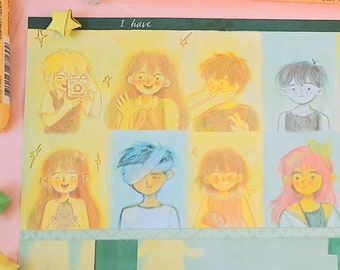 May include: Illustration featuring a grid of colorful portraits of people with various hairstyles and expressions. The artwork includes the text "I have to tell you something." Yellow and orange colored pencils and origami stars are also visible.