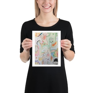 May include: A colourful and abstract drawing featuring a variety of shapes and figures. The drawing is done in a whimsical style with bright colours and a playful feel.