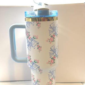 40oz Floral Tumbler with Straw Topper: Pink & Blue Roses