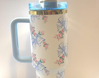 40oz Floral Tumbler with Straw Topper: Pink & Blue Roses