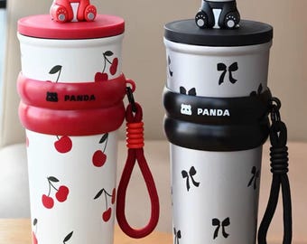 Panda Travel Tumbler, 24oz Stainless Steel Cup with Straw