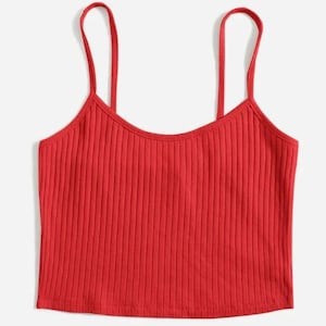May include: A red ribbed tank top with thin straps.