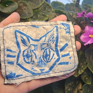 kitty sew on patch, homemade linocut patch, blue punk patch,