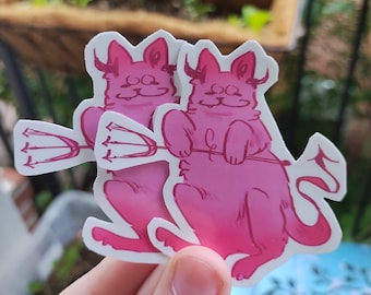 Creepy Cute Pink Devil Cat Sticker, Original Art, Vinyl (3in)