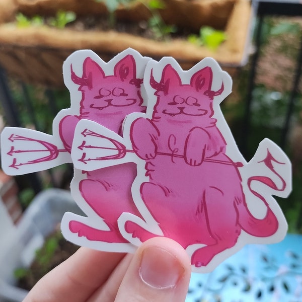 Kitty Devil original art cat sticker, vinyl kiss-cut 3in, glossy or holographic, creepy cute weirdcore sticker