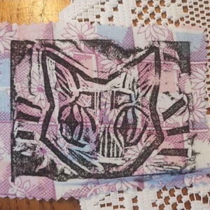 Linocut Kitty Sew On Patch: Upcycled Fabric, Blue Punk Style