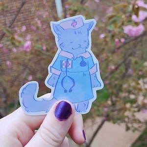 Pegatina de gato enfermero, vinilo troquelado de 3 pulgadas, brillante u holográfico, pegatina de gamer linda y espeluznante de menhera yami kawaii