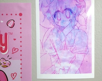 May include: A watercolour illustration in pink and purple of a character with large eyes, hearts, and pigtails. The artwork is on a white background. Other pink stationery items with hearts and text are also visible.