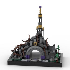 May include: A gray stone archway with a purple and gold tower on top. The archway is surrounded by brown vines and green trees. The base of the structure is black.