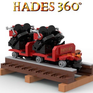 May include: A red and black Lego roller coaster train with the words "Hades 360" on the side. The train is on a wooden track.