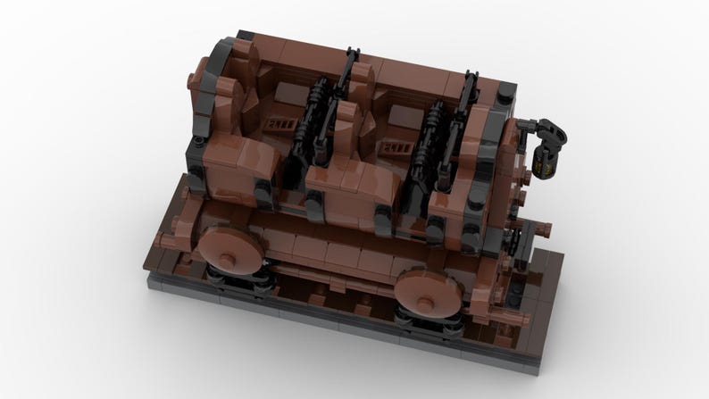 Puede incluir: Una locomotora de tren LEGO marr&oacute;n y negra con un interior detallado y ruedas que funcionan.