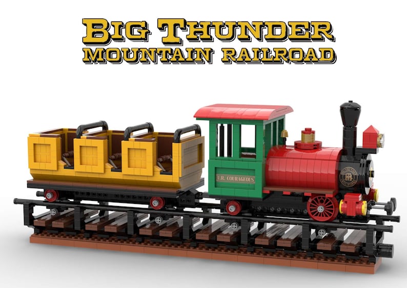 May include: A red, green, and black Lego train with a yellow passenger car. The train is labeled "L.R. COURAGEOUS" and "BIG THUNDER MOUNTAIN RAILROAD".