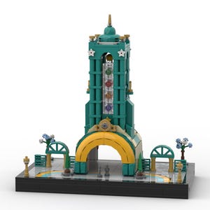 Puede incluir: Un modelo de Lego de un edificio en color turquesa y amarillo con una torre y un arco. La torre tiene una vidriera de colores y una cúpula dorada. El edificio está rodeado de pequeños árboles y farolas.