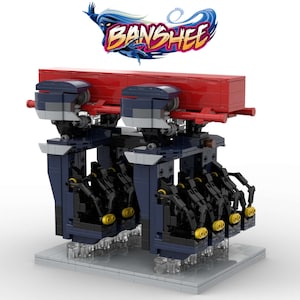 May include: A Lego model of a roller coaster train with a red and blue train car and black seats. The train is on a track and the name "Banshee" is written in a stylized font above the train.