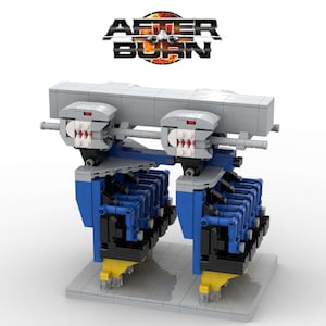 May include: A Lego model of a roller coaster train with blue and black cars. The train is on a track with a gray support structure. The train has a white sign with the text "AFTER BURN" in black letters.