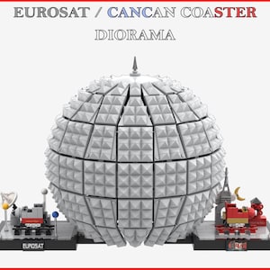 May include: A LEGO model of the Eurosat attraction at Europa-Park, featuring a white geodesic dome, a red and white roller coaster train, and the text "EUROSAT / CANCAN COASTER DIORAMA".